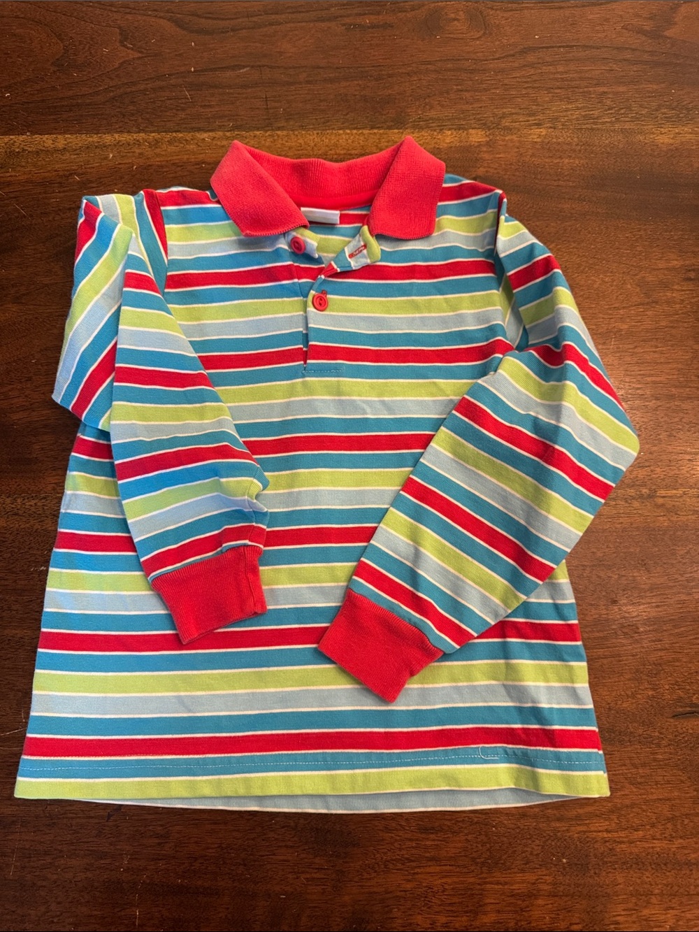 Chez Ami Striped Long-Sleeve Polo Top in Red, Blue & Green - Kids